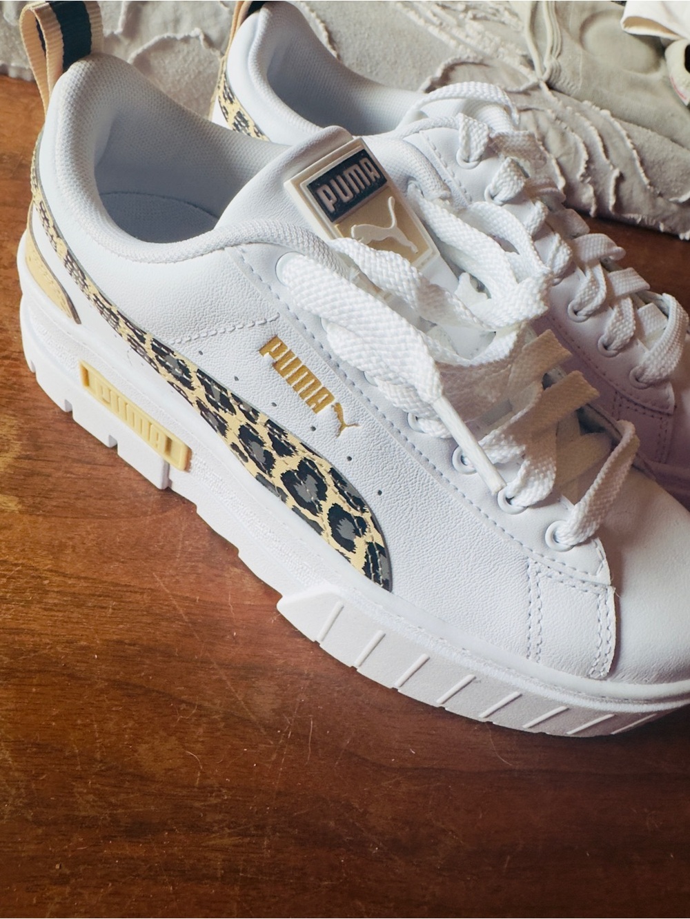 Puma White Platform Sneakers with Leopard Print and Gold Accents